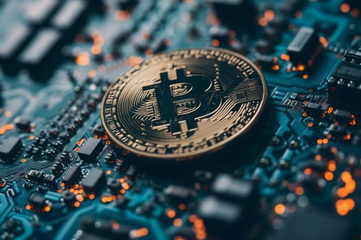 Bitcoin shiner laid over circuit board. Neural network generated image. Not based on any actual person or scene.