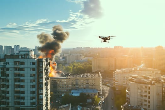 Copter drone above city with fire on building roof at sunny morning. Neural network generated image. Not based on any actual scene or pattern.