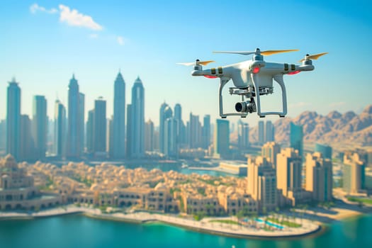 Flying drone above the city at sunny summer day. Neural network generated image. Not based on any actual scene or pattern.