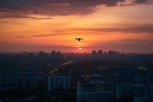 Copter drone over city at sunset or sunrise. Neural network generated image. Not based on any actual scene or pattern.
