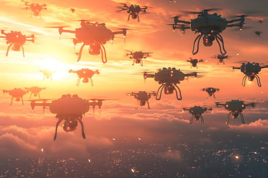 Swarm of drones over city at summer morning. Neural network generated image. Not based on any actual scene or pattern.