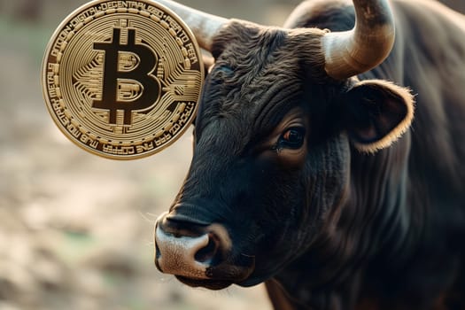 Bull pokes up bitcoin with its snout. Bullish trend concept. Neural network generated image. Not based on any actual person or scene.
