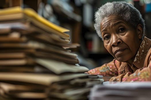 Senior African American woman in an office, overwhelmed by a mountains of paperwork. Neural network generated in January 2024. Not based on any actual scene or pattern.