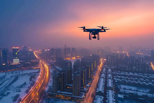 Flying drone above the city at snowy winter night. Neural network generated image. Not based on any actual scene or pattern.