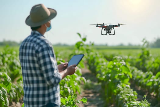 Farmer in the field using drone. Neural network generated in January 2024. Not based on any actual scene or pattern.
