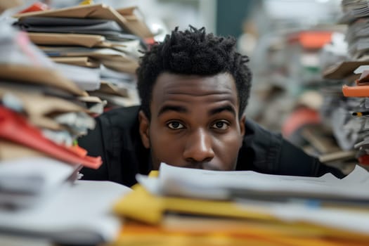 young adult African American man in an office, overwhelmed by a mountains of paperwork. Neural network generated in January 2024. Not based on any actual scene or pattern.
