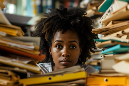 African American woman in an office, overwhelmed by a mountains of paperwork. Neural network generated in January 2024. Not based on any actual scene or pattern.