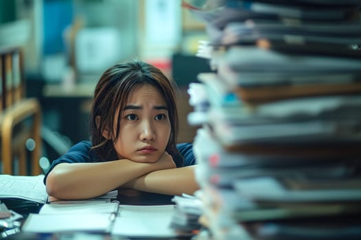 Young adult Asian woman in an office, overwhelmed by a mountains of paperwork. Neural network generated in January 2024. Not based on any actual scene or pattern.