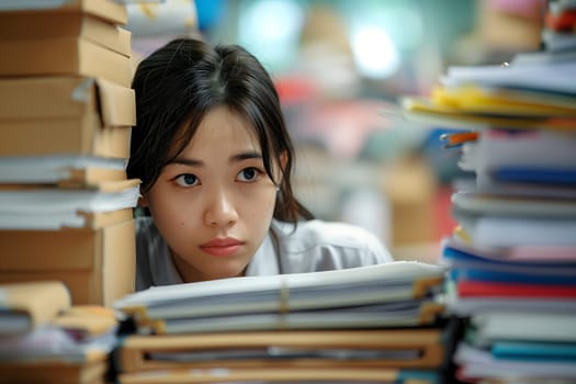 Young adult Asian woman in an office, overwhelmed by a mountains of paperwork. Neural network generated in January 2024. Not based on any actual scene or pattern.
