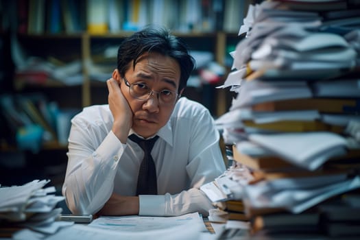 Asian man in an office, overwhelmed by a mountains of paperwork. Neural network generated in January 2024. Not based on any actual scene or pattern.