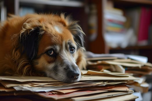dog in an office, overwhelmed by a mountains of paperwork. Neural network generated in January 2024. Not based on any actual scene or pattern.