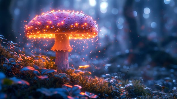 Magical mushroom in fantasy enchanted fairy tale forest. Neural network generated in January 2024. Not based on any actual scene or pattern.