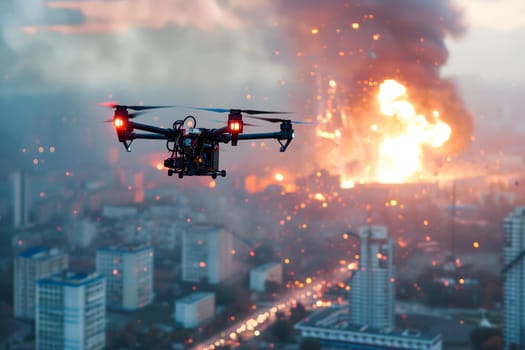 Copter drone above city with large explosion at day time. Neural network generated image. Not based on any actual scene or pattern.