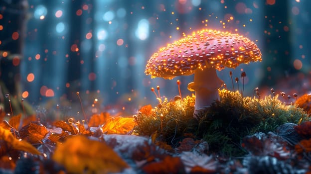 Magical mushroom in fantasy enchanted fairy tale forest. Neural network generated in January 2024. Not based on any actual scene or pattern.