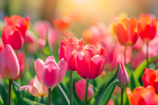 Beautiful Spring Nature background with tulip Flowers, selective focus. Vivid colors. Neural network generated in January 2024. Not based on any actual scene or pattern.