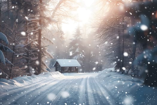 Snowfall at the road in forest with hut. Neural network generated in January 2024. Not based on any actual scene or pattern.