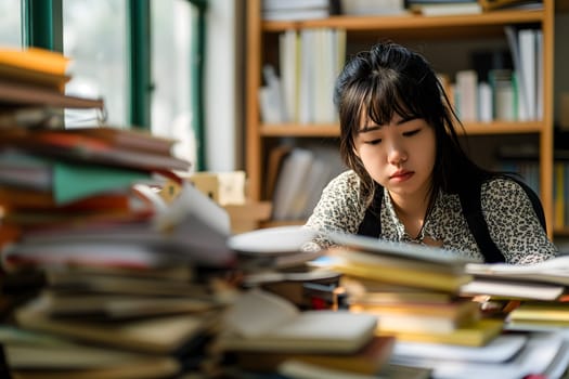 Young adult Asian woman in an office, overwhelmed by a mountains of paperwork. Neural network generated in January 2024. Not based on any actual scene or pattern.