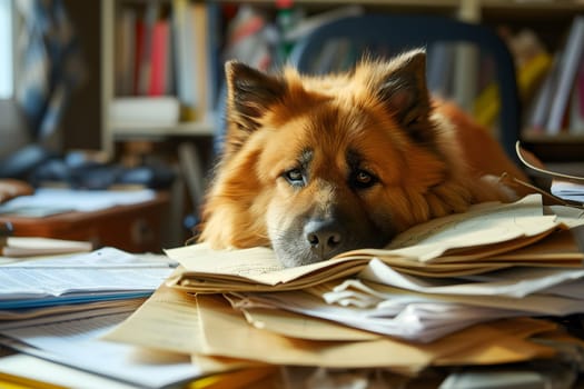 dog in an office, overwhelmed by a mountains of paperwork. Neural network generated in January 2024. Not based on any actual scene or pattern.