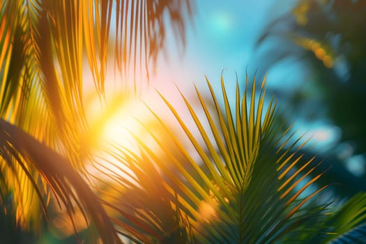 Vibrant sunny backdrop palm leaves with golden sun light. Neural network generated in January 2024. Not based on any actual scene or pattern.
