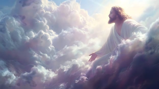 Jesus Christ in Heaven Blessing & Welcoming All. Neural network generated image. Not based on any actual person or scene.