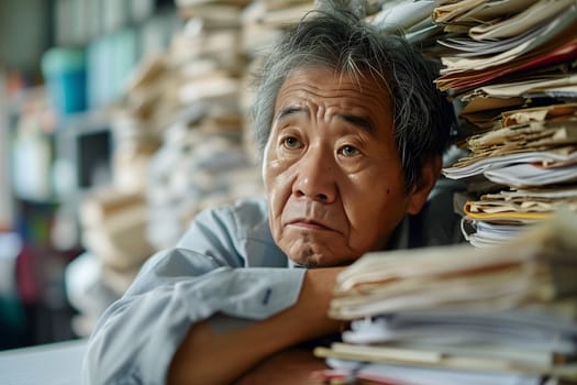 Senior Asian woman in an office, overwhelmed by a mountains of paperwork. Neural network generated in January 2024. Not based on any actual scene or pattern.