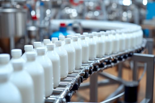 Factory line for processing and bottling of milk. Selective focus. Neural network generated image. Not based on any actual person or scene.
