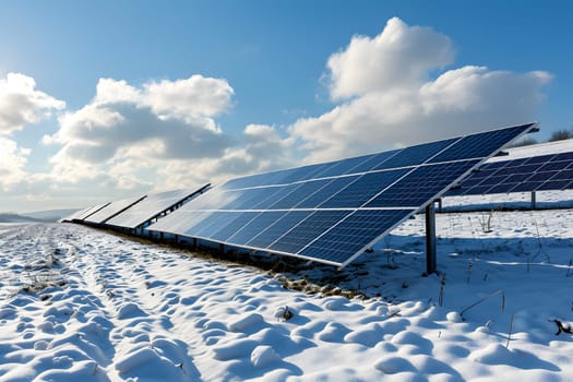 Photovoltaic solar panels in the field at sunny winter day. Neural network generated in January 2024. Not based on any actual scene or pattern.