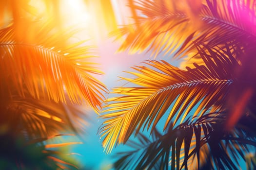 Vibrant sunny backdrop palm leaves with golden sun light. Neural network generated in January 2024. Not based on any actual scene or pattern.