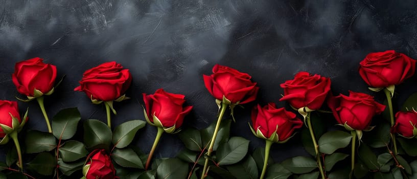 Red roses on black background with copy space. Neural network generated image. Not based on any actual person or scene.