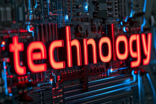 The word technology on circuit board background, closeup. Neural network generated image. Not based on any actual person or scene.