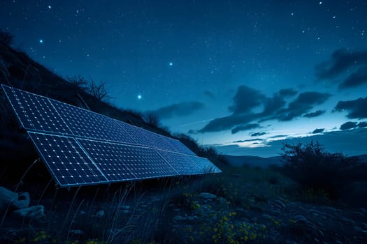 Photovoltaic solar panels at starry summer night. Neural network generated in January 2024. Not based on any actual scene or pattern.