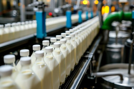 Factory line for processing and bottling of milk. Selective focus. Neural network generated image. Not based on any actual person or scene.
