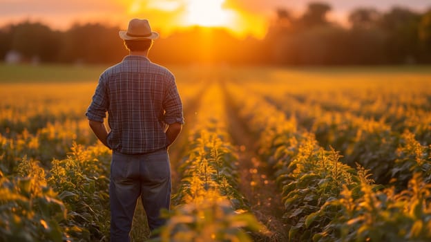 Farmer standing at the field at sunset or sunrise, rear view. Neural network generated in January 2024. Not based on any actual scene or pattern.