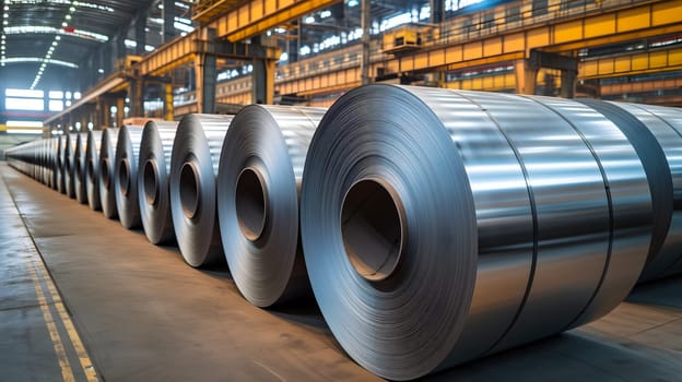 Packed rolls of steel sheet, Cold rolled steel coils in a warehouse. Neural network generated image. Not based on any actual person or scene.