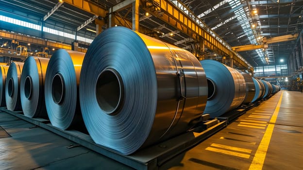 Packed rolls of steel sheet, Cold rolled steel coils in a warehouse. Neural network generated image. Not based on any actual person or scene.