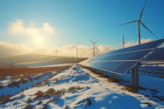 Wind turbines and solar panels in the field at winter sunset. Neural network generated in January 2024. Not based on any actual scene or pattern.