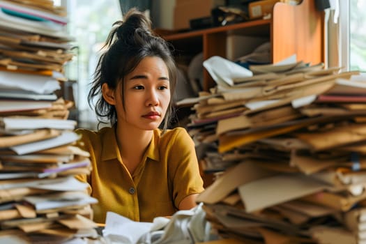 Asian woman in an office, overwhelmed by a mountains of paperwork. Neural network generated in January 2024. Not based on any actual scene or pattern.