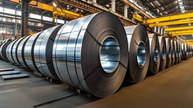 Packed rolls of steel sheet, Cold rolled steel coils in a warehouse. Neural network generated image. Not based on any actual person or scene.