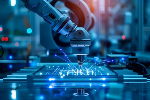 The use of robot arms in intelligent industrial factories. Neural network generated image. Not based on any actual person or scene.