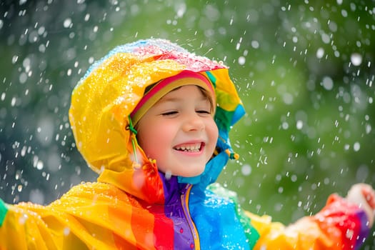 Happy child in colorful raincoat enjoying rain. Neural network generated image. Not based on any actual person or scene.