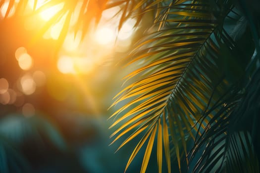 Vibrant sunny backdrop palm leaves with golden sun light. Neural network generated in January 2024. Not based on any actual scene or pattern.