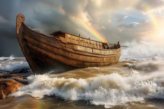 Noahs Ark, the vessel from the Genesis flood narrative by which God saves Noah. Neural network generated image. Not based on any actual person or scene.