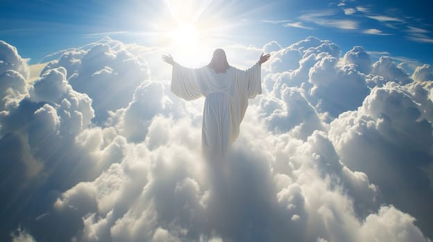 Jesus Christ in Heaven Blessing & Welcoming All. Neural network generated image. Not based on any actual person or scene.