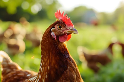 Portrait of hen on the chicken farm, closeup with bokeh. Neural network generated image. Not based on any actual person or scene.