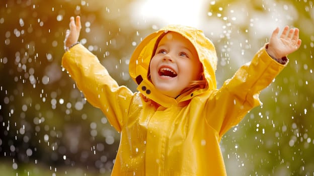 Happy child in yellow raincoat enjoying rain. Neural network generated image. Not based on any actual person or scene.