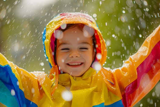 Happy child in colorful raincoat enjoying rain. Neural network generated image. Not based on any actual person or scene.