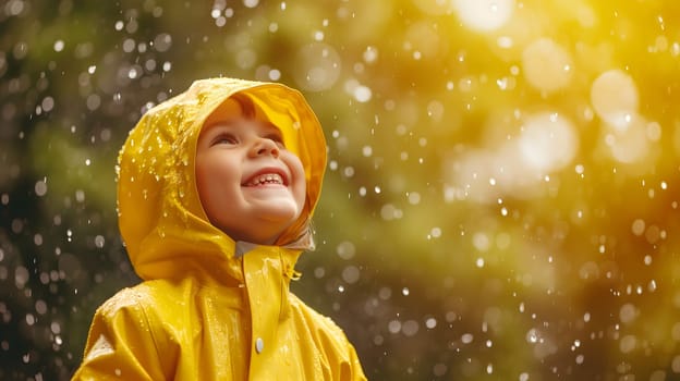 Happy child in yellow raincoat enjoying rain. Neural network generated image. Not based on any actual person or scene.