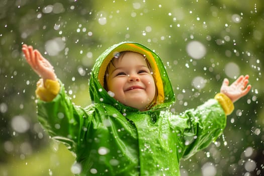 Happy child in green raincoat enjoying rain. Neural network generated image. Not based on any actual person or scene.