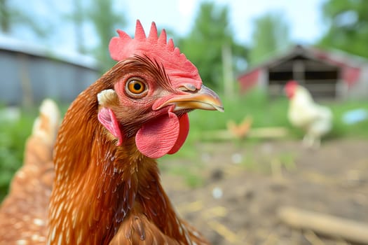 Portrait of hen on the chicken farm, closeup with bokeh. Neural network generated image. Not based on any actual person or scene.