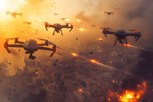 Swarm of flying drones above burning city at day time. Neural network generated image. Not based on any actual scene or pattern.